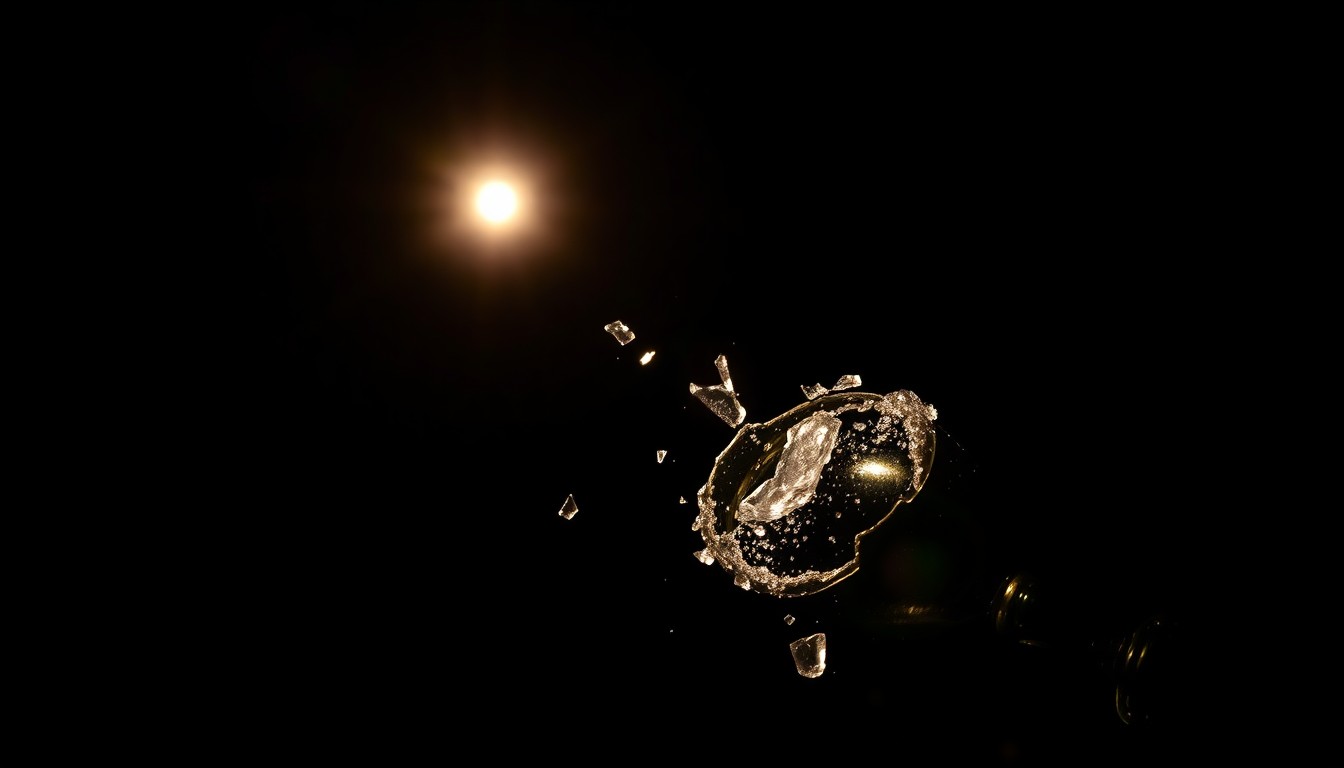 An extreme close-up photograph of a shattered glass wine bottle against a pitch-black background, lit by a harsh, direct camera flash, conceptually representing the Forsters' alleged theft and disregard for the law.