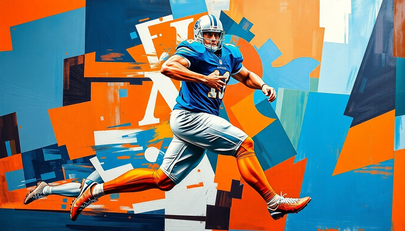 A fragmented, geometric painting depicting a football player in mid-stride, with sharp planes of color and overlapping shapes conveying a sense of dynamic movement and raw athletic energy.