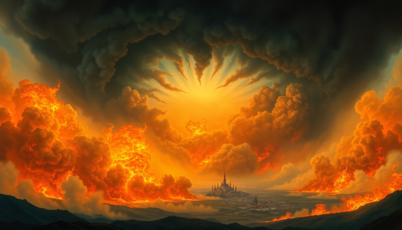 A vast, dramatic landscape painting depicting a massive, swirling vortex of smoke and flames consuming a small town in the distance, conveying the overwhelming, sublime scale of the natural disaster.