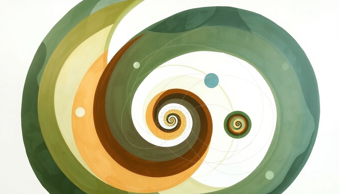 A highly structured abstract painting in earthy tones, featuring sweeping geometric arcs, concentric circular forms, and precise botanical spirals, conceptually representing the complex interconnectivity and mechanisms of the brain.