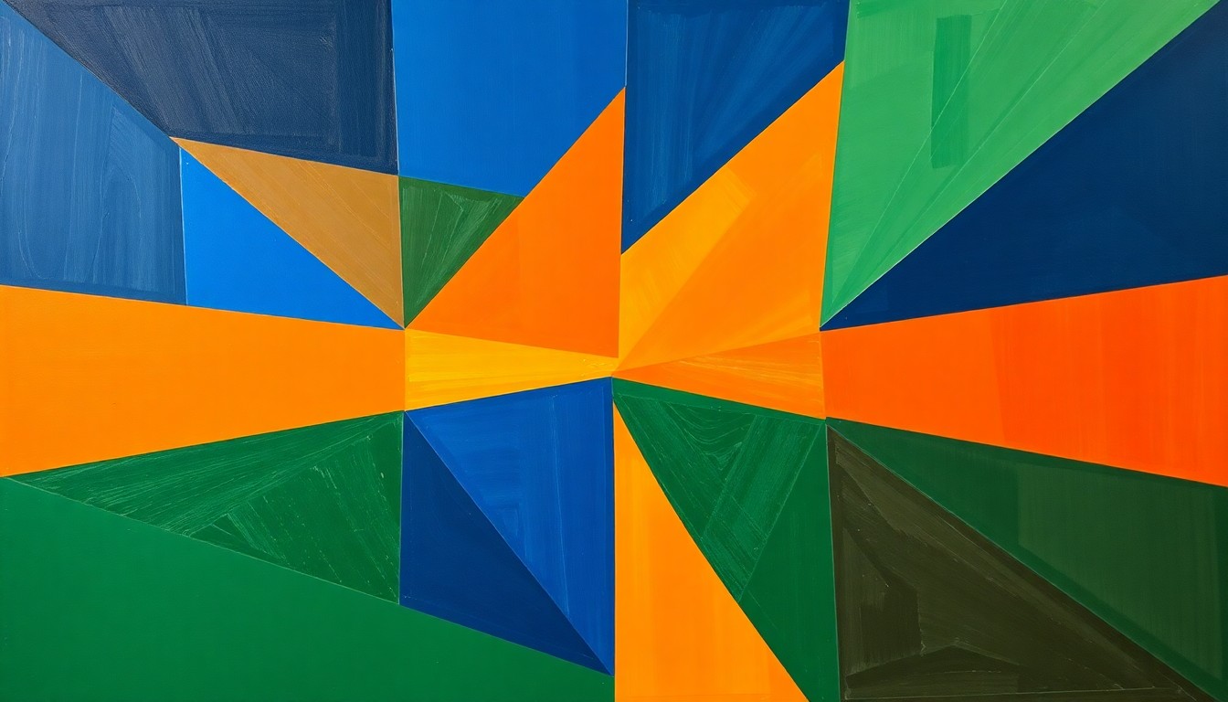 A fractured, multi-perspective painting in vibrant colors depicting the action and movement of a basketball game, with sharp, overlapping geometric planes representing the game's dynamics and Nikola Jokic's passing ability.