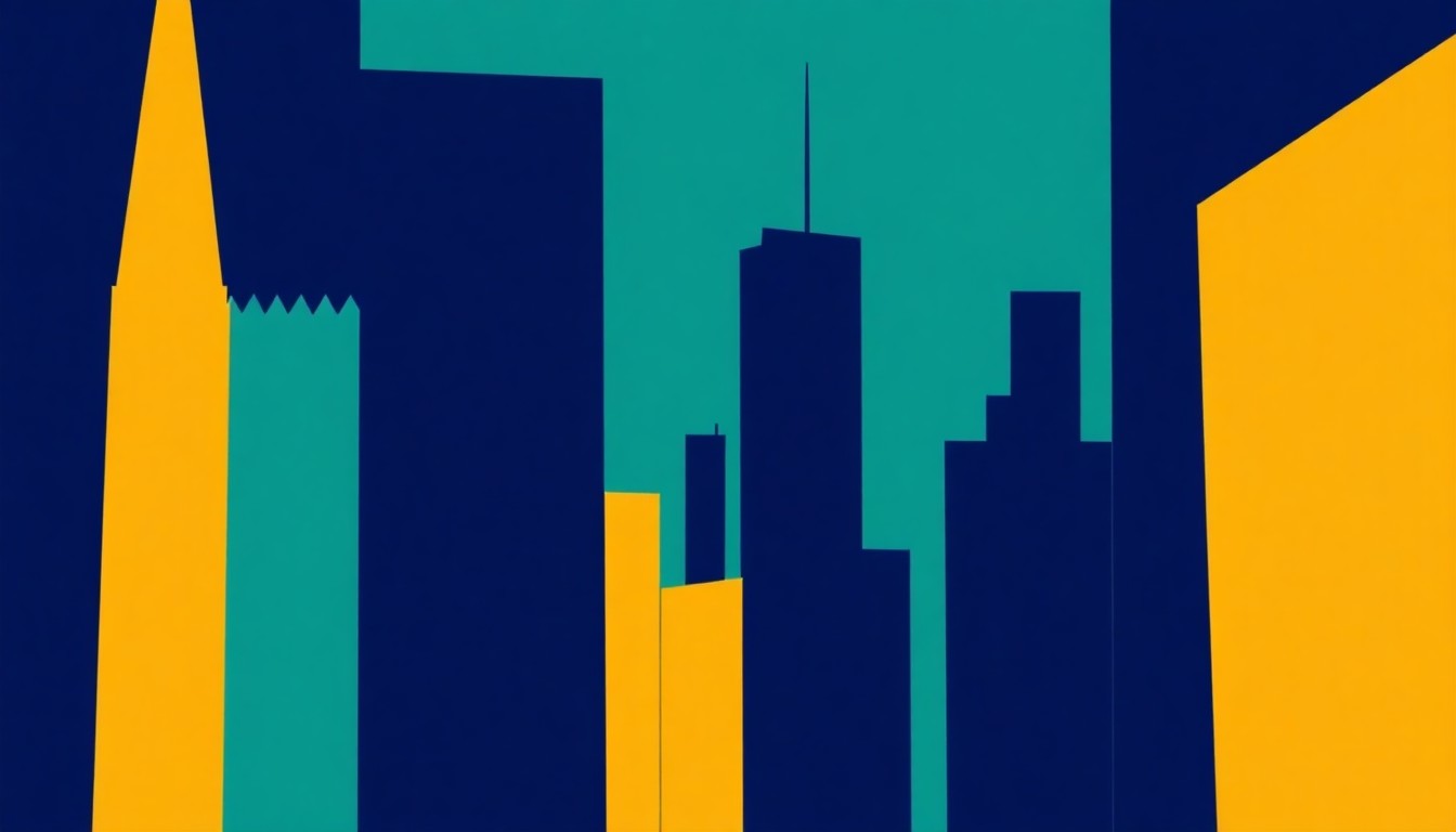 An abstract, minimalist illustration featuring bold, jagged shapes in shades of navy, teal, and mustard yellow, conceptually representing the themes of poetry, performance, and the vibrant cultural landscape of Chicago.