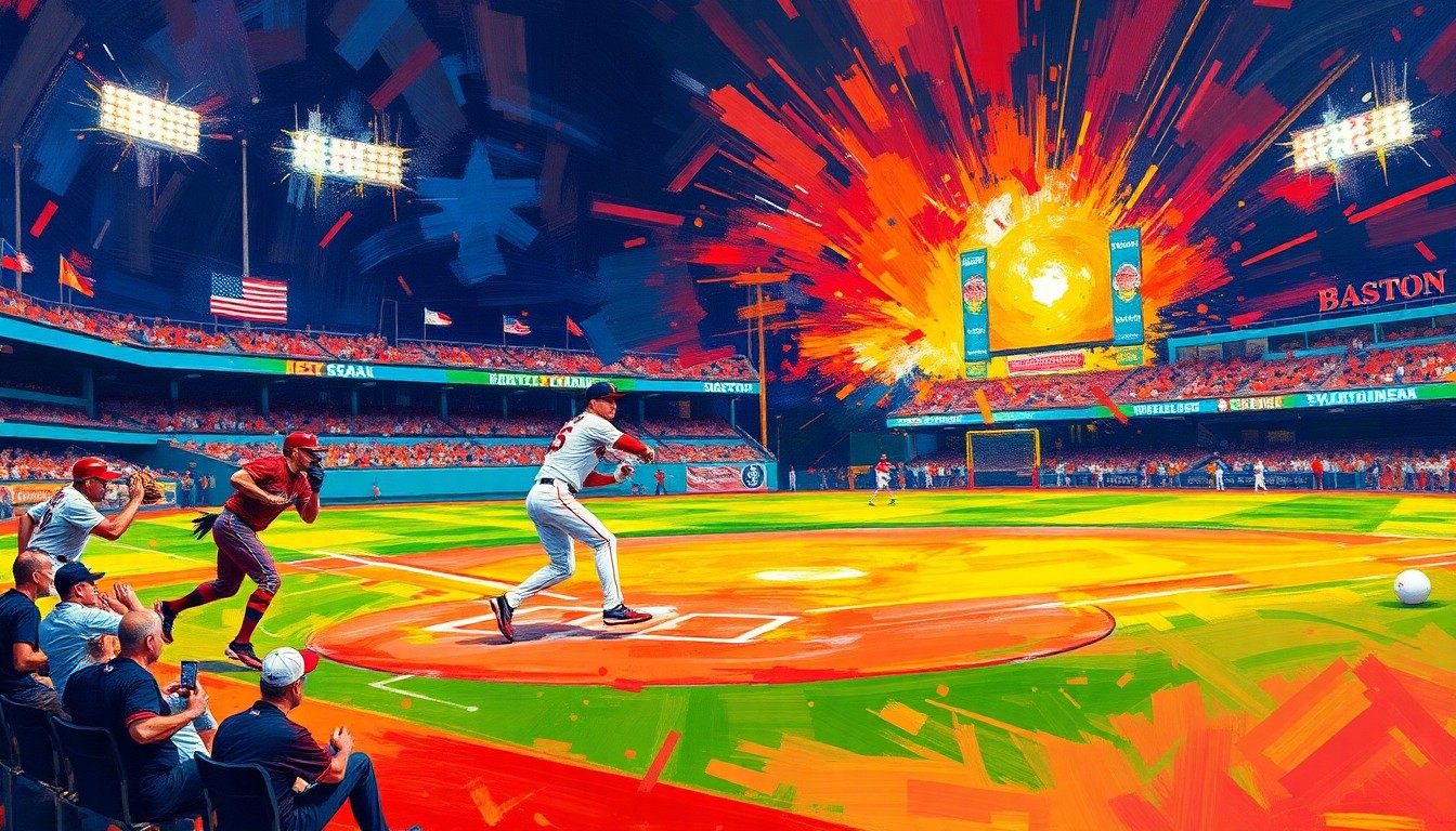 An abstract, energetic painting in neon colors depicting the dynamic motion and intensity of a baseball game, conveying the excitement and anticipation surrounding the DraftKings promotion for the Red Sox vs. Cardinals matchup.