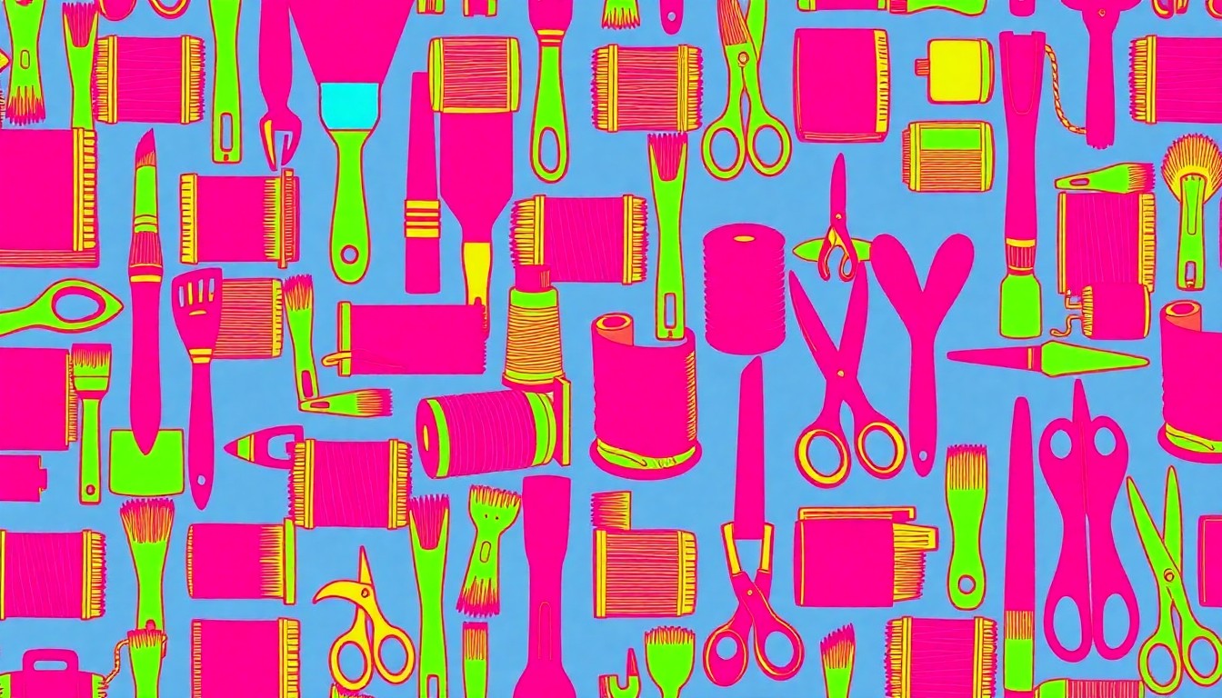 A brightly colored, high-contrast silkscreen print featuring a repeating grid of a single, iconic craft supply item such as a paintbrush or spool of thread, rendered in a bold, neon color palette and heavy black outlines in the style of Andy Warhol's pop art, conceptually representing the vast array of DIY materials available at Hobby Lobby's Oklahoma location.