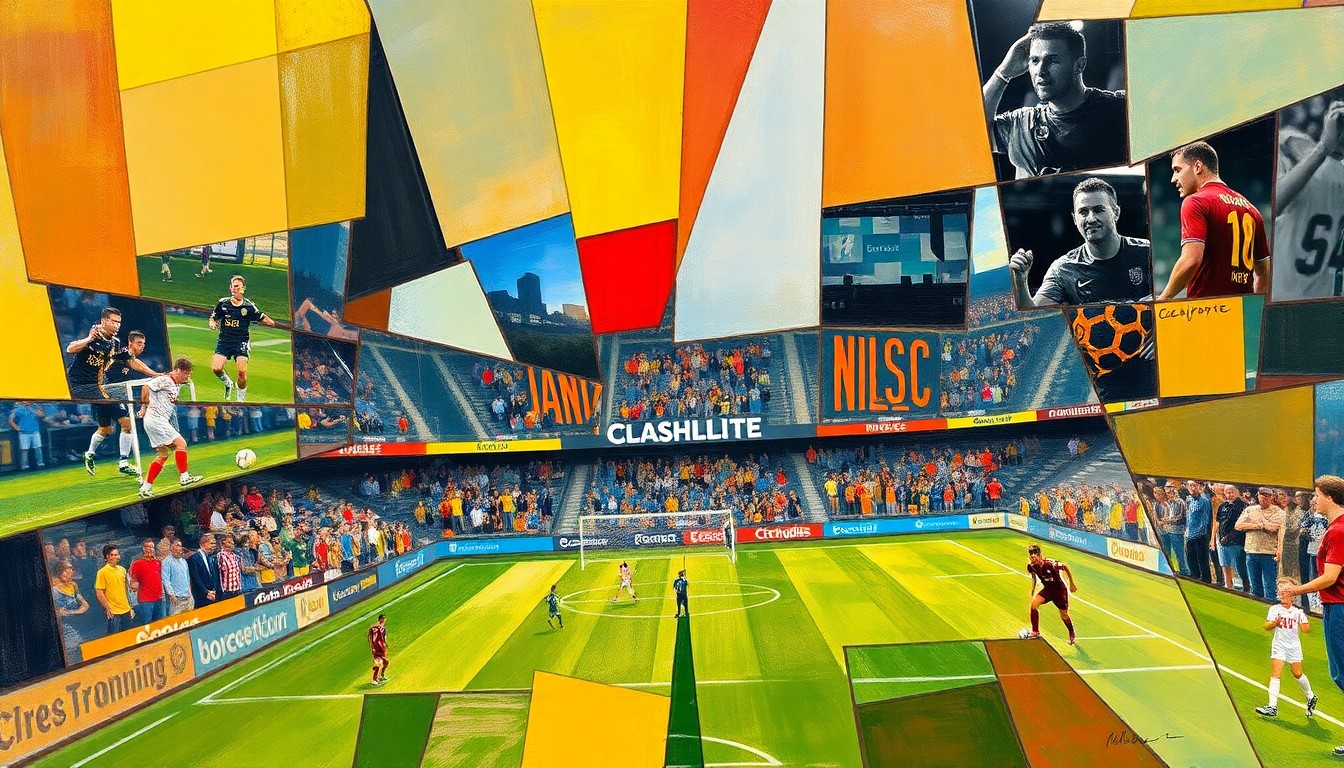 A cubist-style painting featuring overlapping geometric shapes and planes in shades of blue, green, and red, representing the action and movement of a soccer match between two teams.