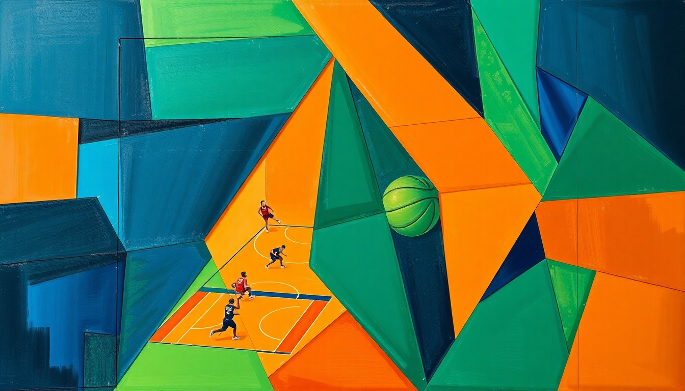 A cubist, geometric painting depicting a WNBA basketball game, with sharp, overlapping shapes in navy, green, and orange, conveying the energy and intensity of the sport.