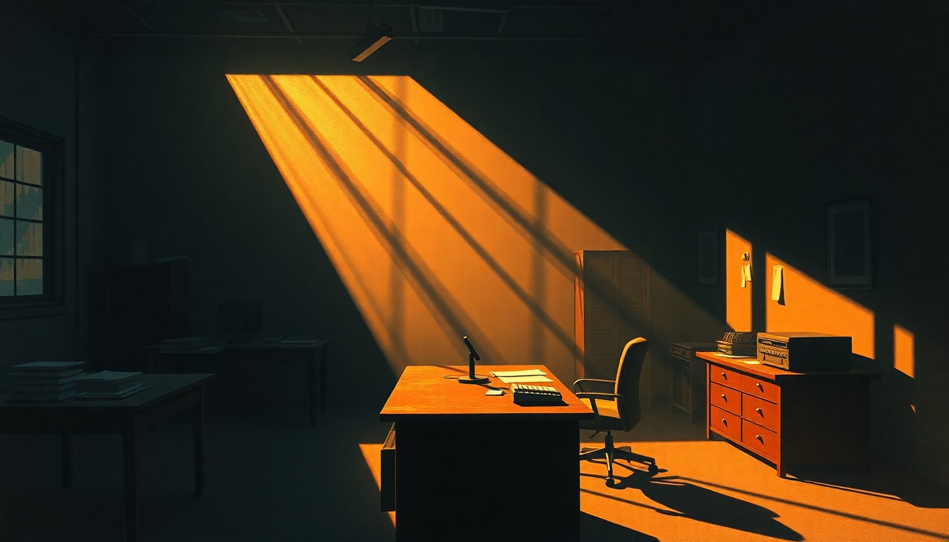 A dimly lit, cinematic painting of a lone reporter's desk in a quiet newsroom, with warm sunlight streaming in through a window and deep shadows cast across the scene, evoking a sense of contemplation and change.