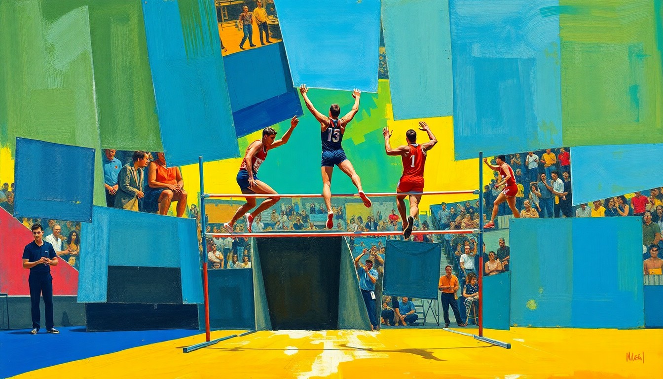 A fragmented, geometric painting in bold colors depicting the various angles and movements of a high jump competition, conveying the raw athleticism and energy of the event.
