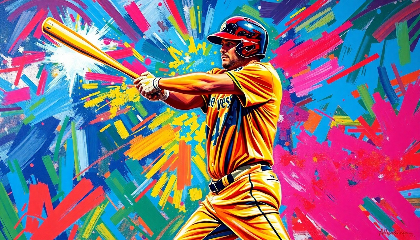 A dynamic, colorful painting depicting the explosive power and motion of a baseball player swinging a bat and hitting a home run, with the ball trailing behind in a blur of neon colors.