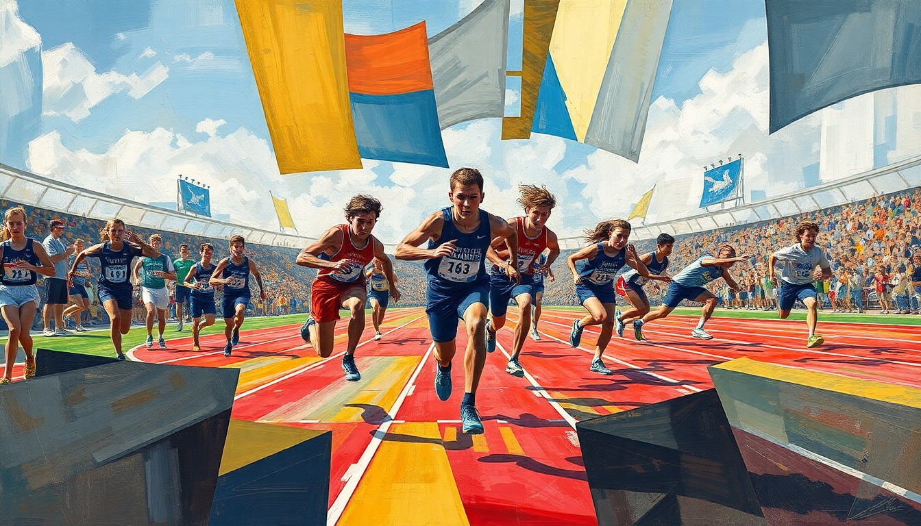 A fragmented, geometric painting depicting the overlapping movements and perspectives of athletes competing in a track and field event.