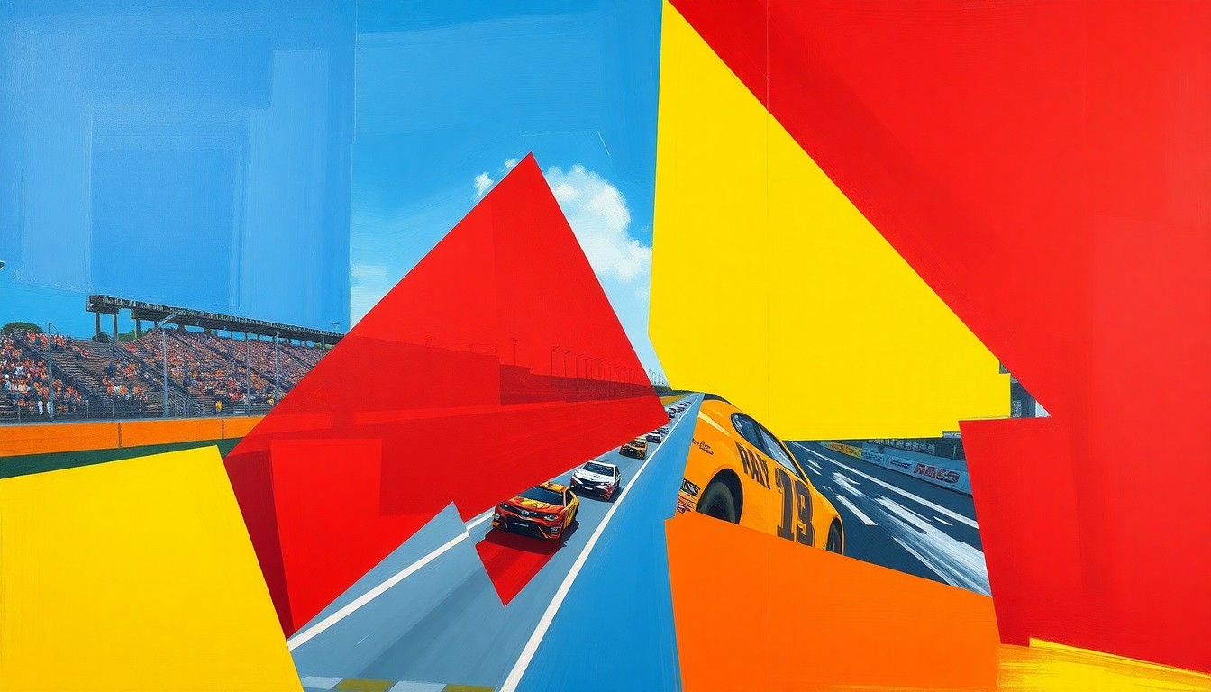A fractured, multi-perspective painting featuring sharp, overlapping geometric planes of bright red, blue, and yellow, conceptually representing the intense, close-quarters racing of a NASCAR event at Bristol Motor Speedway.