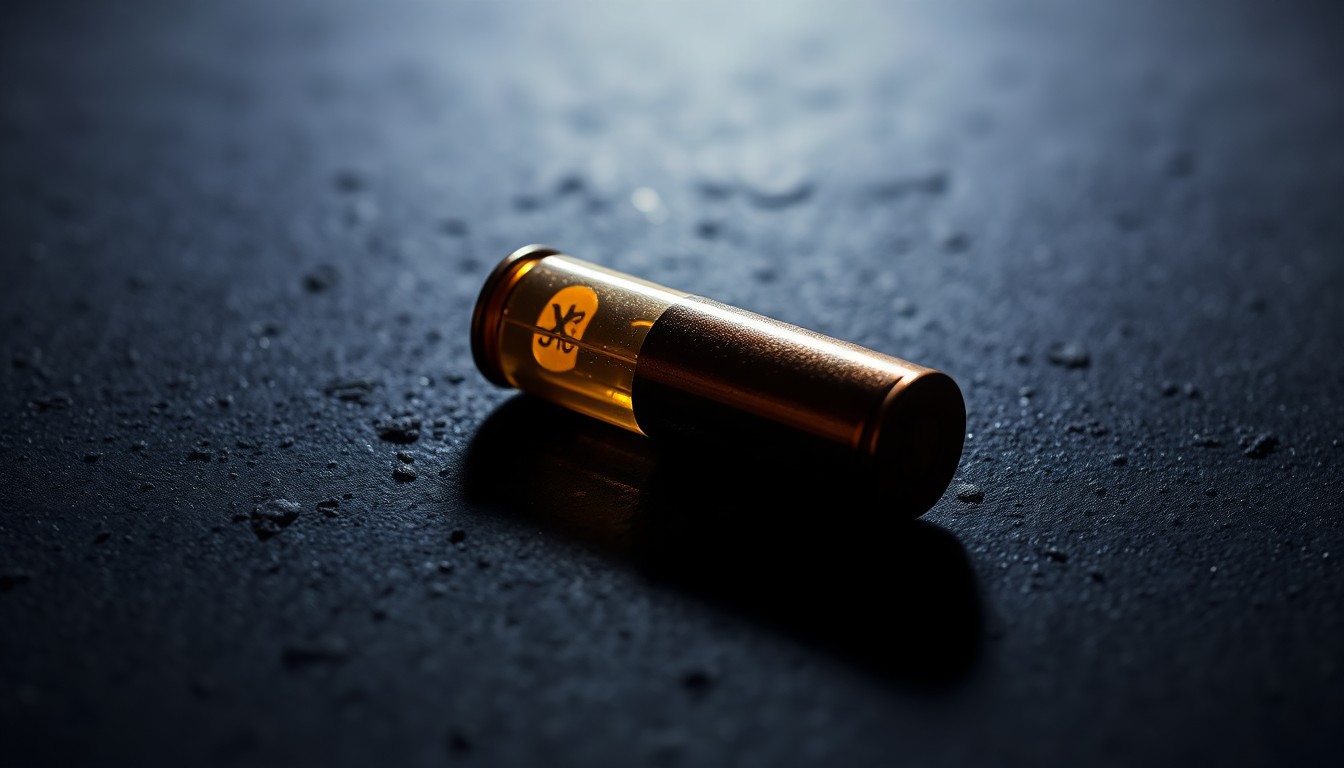 An extreme close-up of a spent bullet casing on a dark, textured surface, lit by a harsh, direct camera flash, conceptually illustrating the violence of a recent deadly shooting.