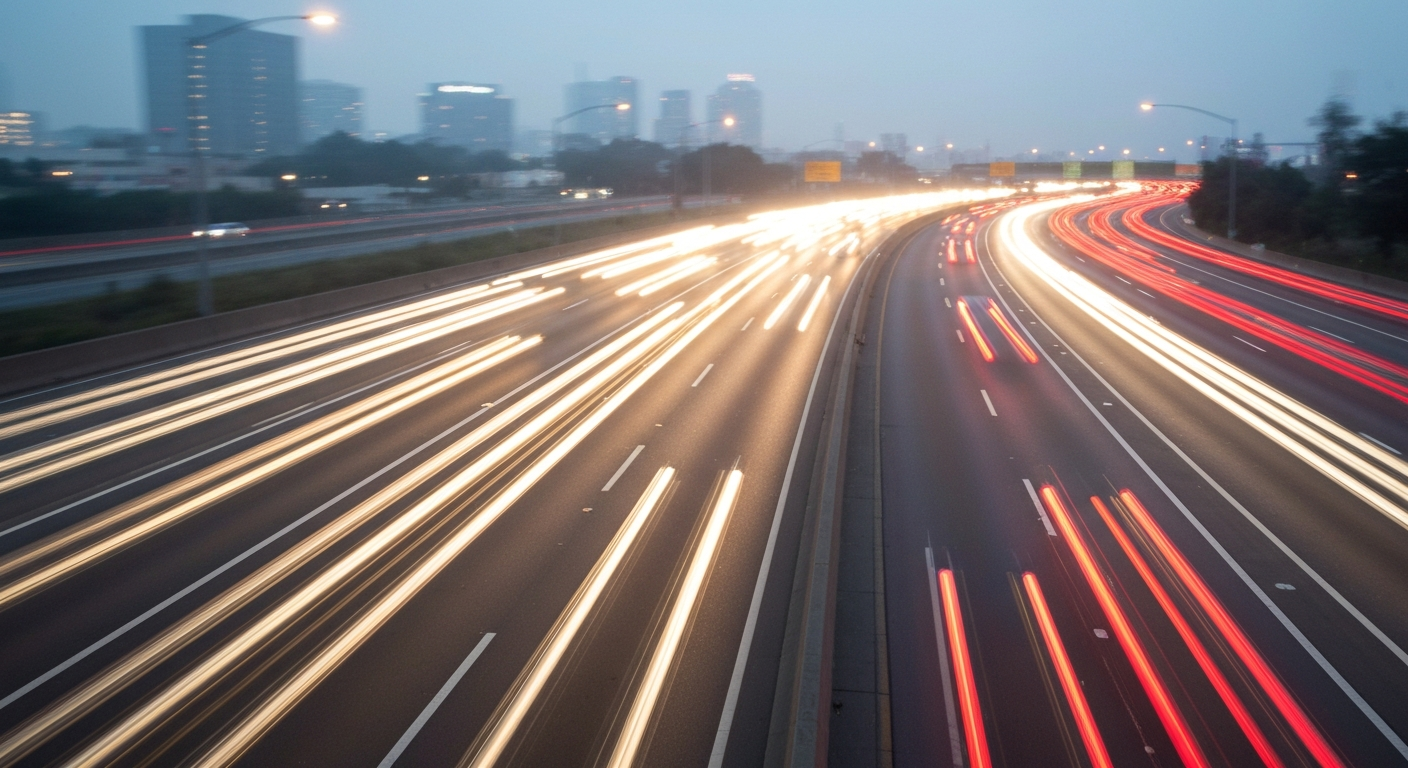 An abstract, blurred image of cars and trucks in motion on a highway, conveying the disruption and chaos caused by the overnight closures.