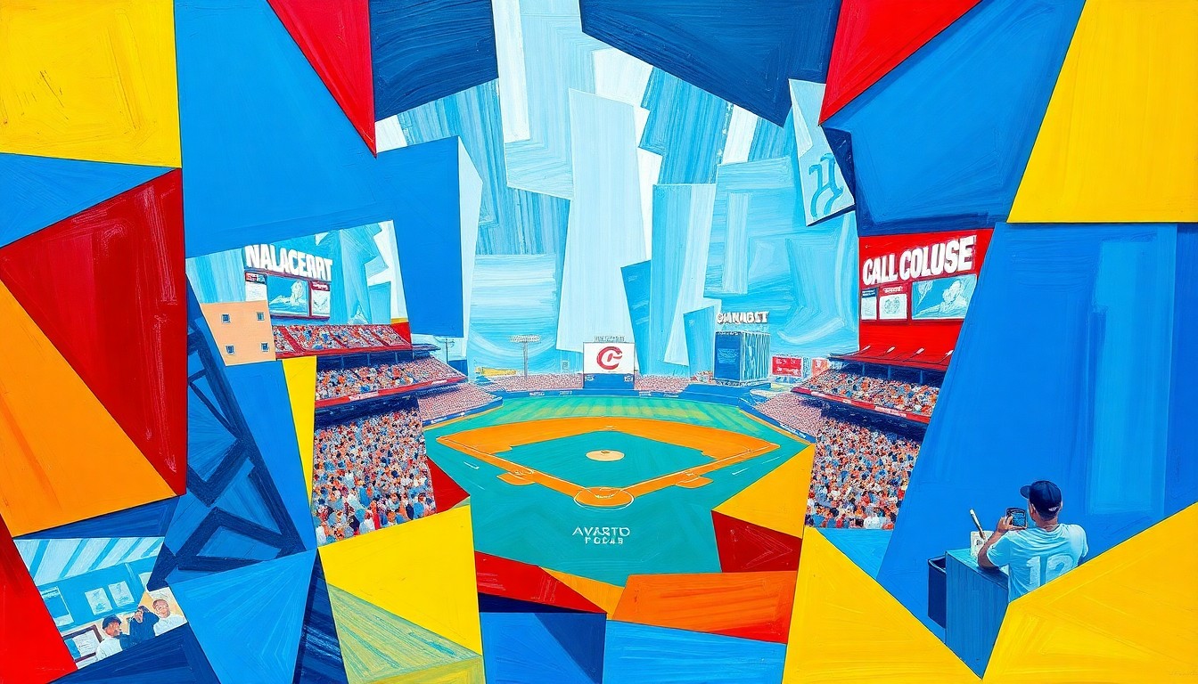 A fragmented, geometric painting in bold primary colors depicting the dynamic action and competition of a college baseball game.