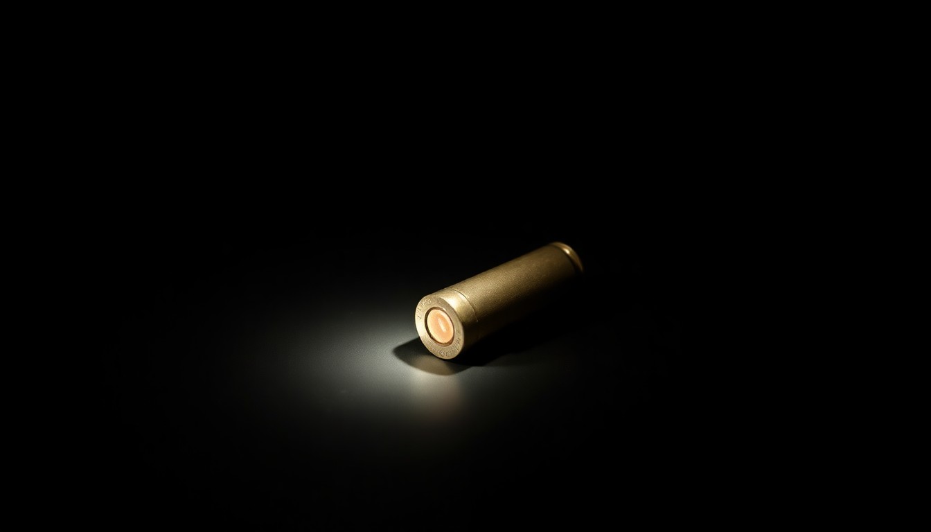 An extreme close-up photograph of a single bullet casing on a dark background, lit by a harsh, direct camera flash, conceptually representing the stark, gritty, and investigative nature of the criminal case.