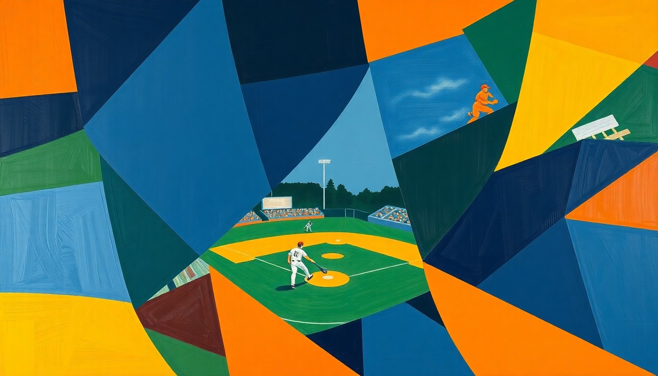 A fragmented, geometric painting in shades of blue, green, and orange, depicting the dynamic movements and competitive energy of a college baseball game.