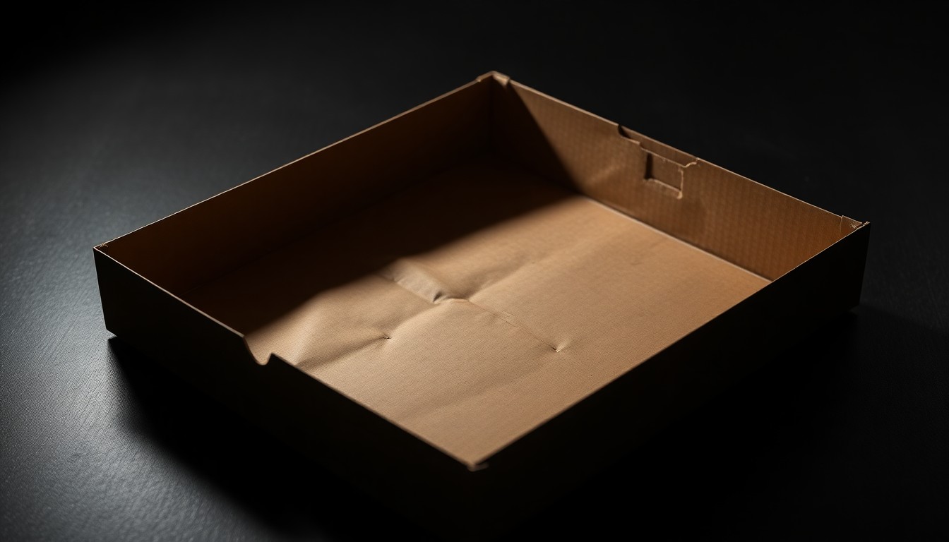 An extreme close-up photograph of a crumpled, empty pizza box on a dark, shadowy surface, lit by a harsh, direct camera flash, conceptually representing the aftermath of a robbery targeting a pizza delivery driver.
