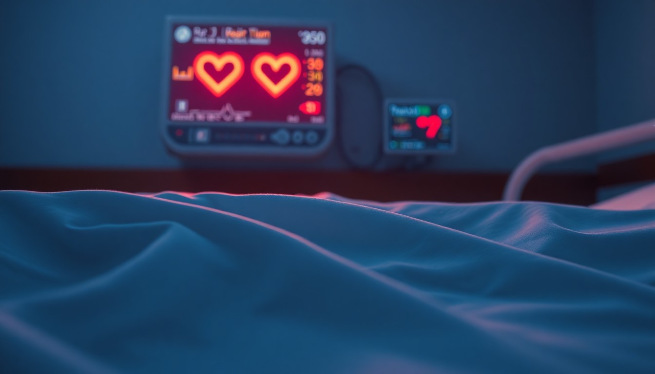 An abstract close-up image of a hospital bed sheet with a faint heart monitor display in the background, captured in dramatic, high-contrast studio lighting to convey the emotional weight of a medical emergency.