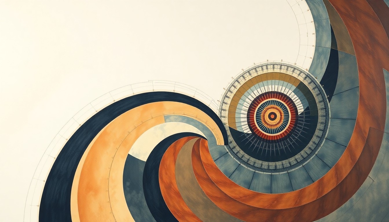 An abstract painting in soft blues, greens, and grays featuring sweeping geometric arcs, concentric circular forms, and precise botanical spirals, conceptually representing the complex forces and structures underlying aviation technology.