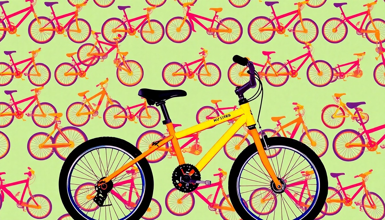A bold, graphic illustration of a child's bicycle repeated in a grid pattern, using bright, neon-like colors and heavy black outlines to create a stylized, pop art representation of a common lifestyle object.