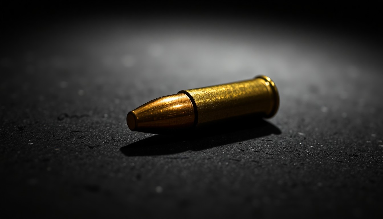 An extreme close-up photograph of a single spent bullet casing on a dark, textured surface, conceptually illustrating the violent crime that occurred in a remote area of Nevada County.