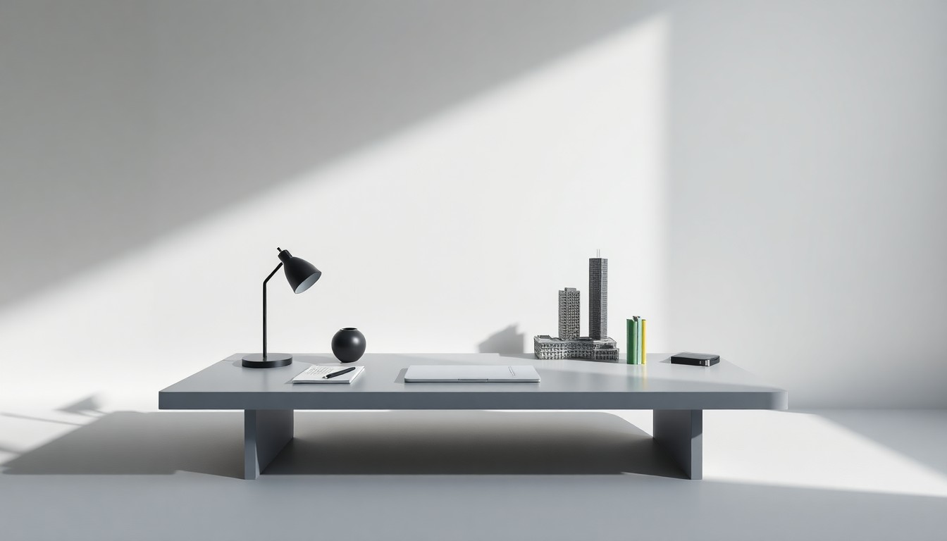 A high-end, photorealistic studio still-life photograph featuring a sleek, modern office desk with a few minimal, premium objects arranged elegantly on a clean, monochromatic seamless background. The objects are conceptualized to represent abstract corporate strategy, finance, and real estate, using sharp, dramatic studio lighting and deep shadows to convey a sense of uncertainty and change in the office market.