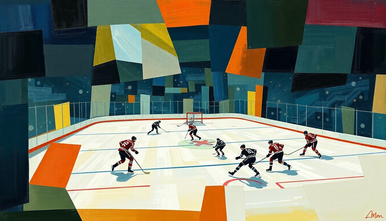 A fragmented, geometric painting depicting the dynamic movements and competing forces of a hockey game, with players and the puck rendered in sharp, overlapping shapes and planes of color.