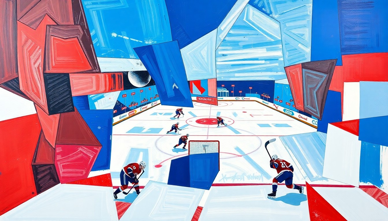 A fragmented, geometric painting in bold blue, red, and white colors, capturing the dynamic movements and energy of a hockey game through Picasso-esque abstraction.