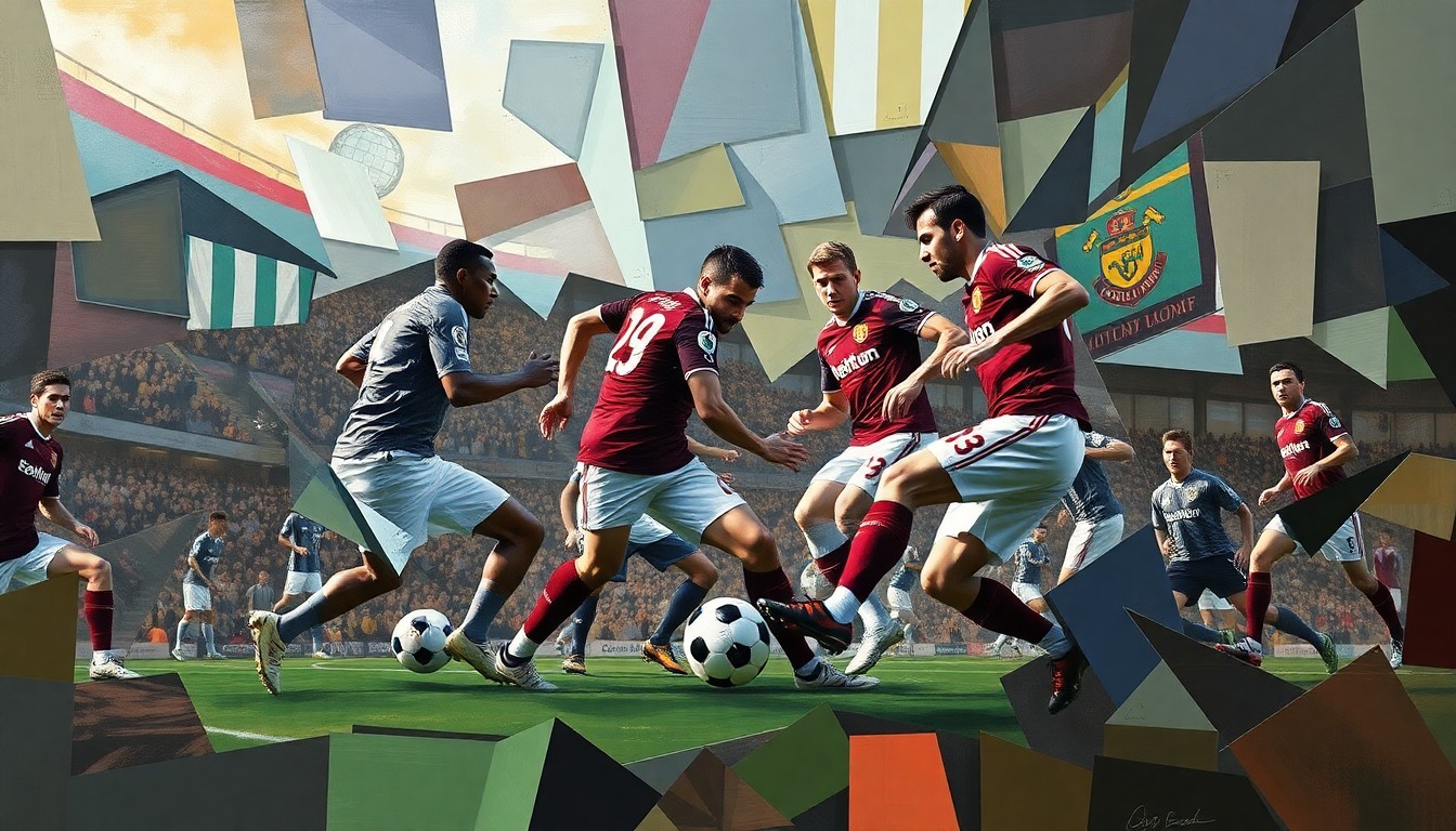 A fragmented, geometric painting depicting the intense competition between two Premier League clubs for a sought-after center-back, with the players' forms broken down into sharp, overlapping planes of color and shape.