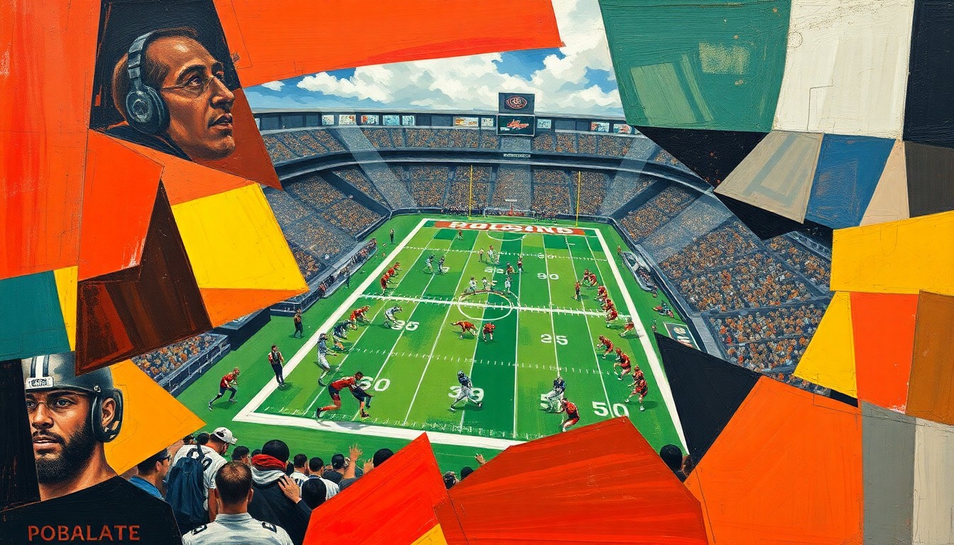A cubist-style painting depicting a fragmented, multi-angled view of a college football game, with players and the field broken down into sharp, overlapping geometric shapes and planes in a dynamic composition.