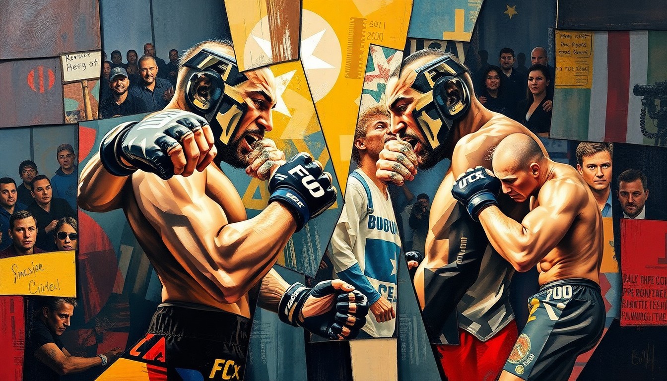 A cubist-style painting depicting a heated confrontation between two MMA fighters, with their bodies and expressions fragmented into sharp, overlapping geometric shapes and planes, conveying the intensity and drama of the moment.