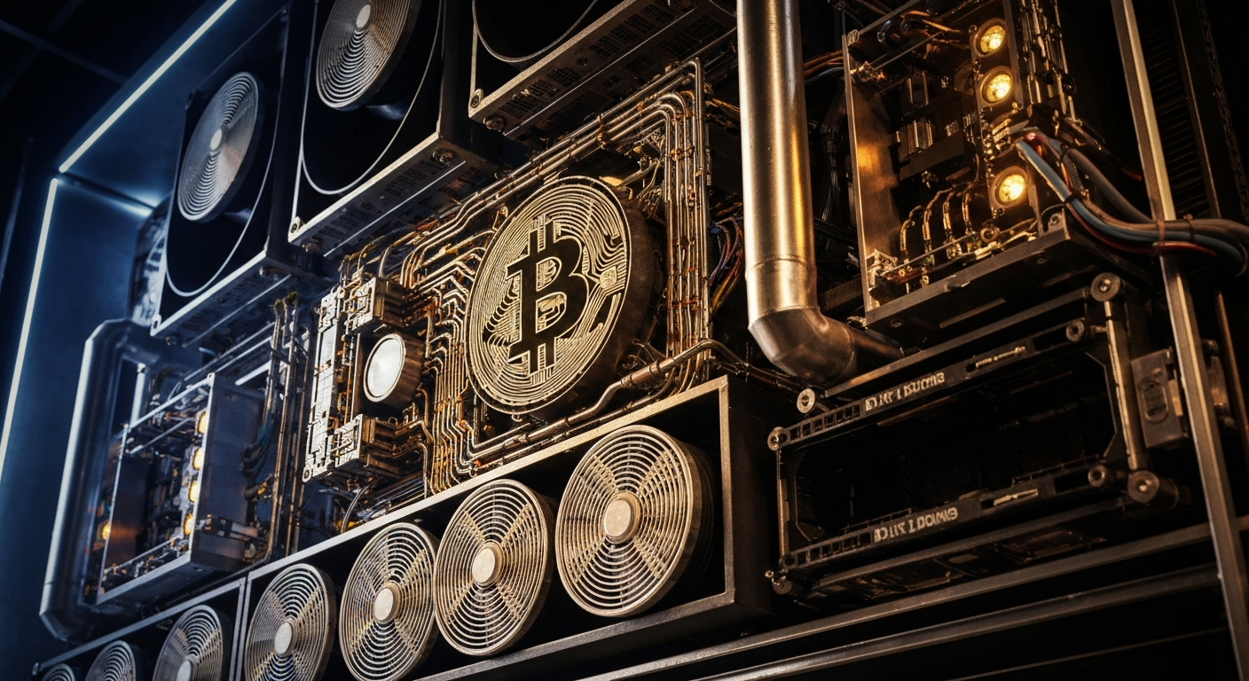 An extreme close-up of a complex, industrial-looking Bitcoin mining rig, with its intricate machinery and glowing lights, conceptually representing the convergence of traditional finance and the crypto sector.
