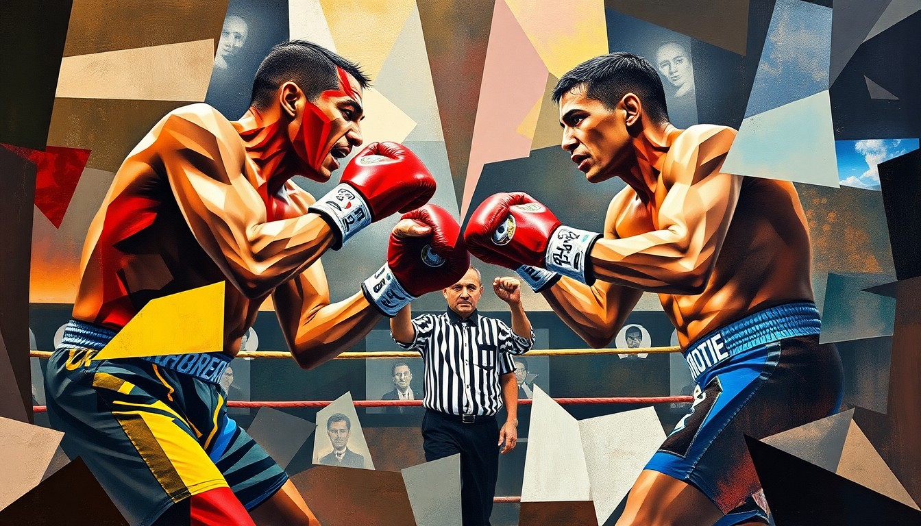 A fragmented, geometric painting depicting the intense action of a boxing match, with the referee caught in the middle of the chaos.