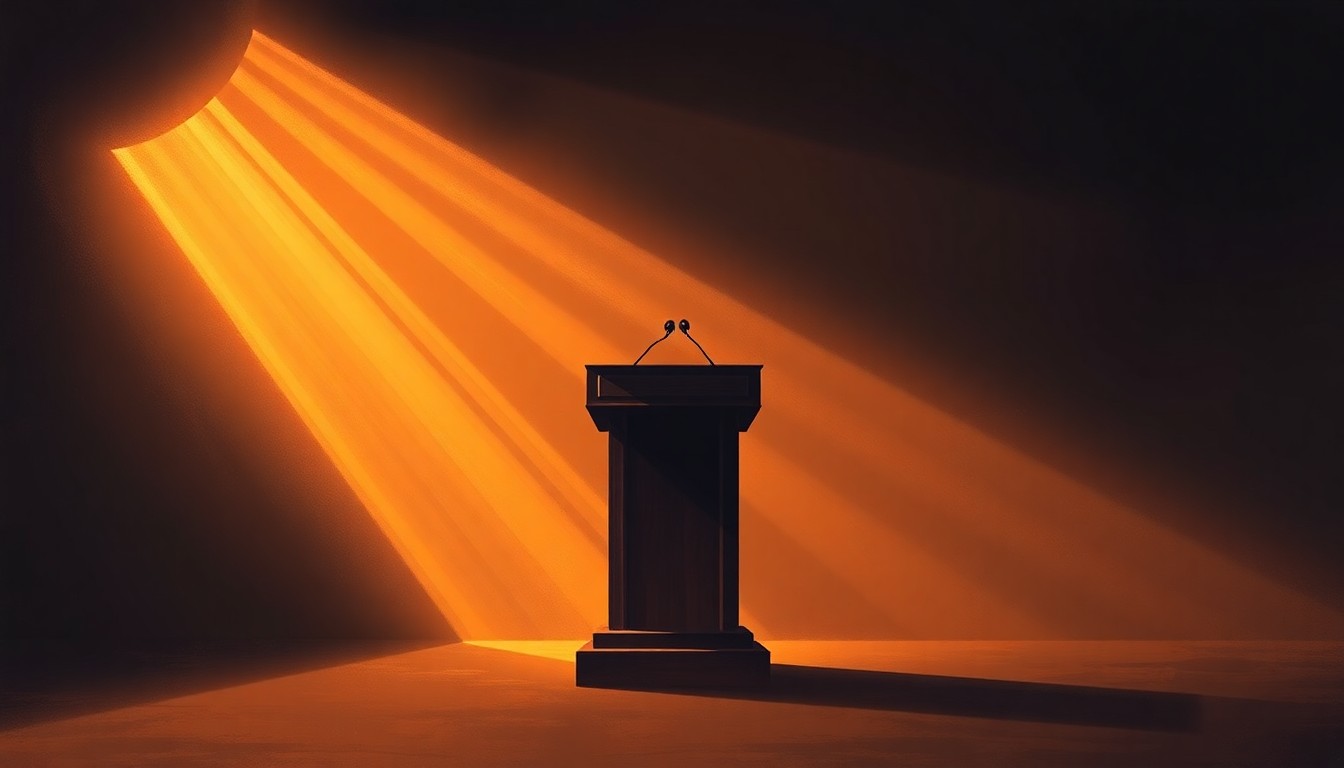 A serene, cinematic painting of a solitary political podium or lectern, its surface reflecting the warm, golden light streaming in from a nearby window, creating a melancholic and contemplative atmosphere that evokes the profound loss felt by the community.