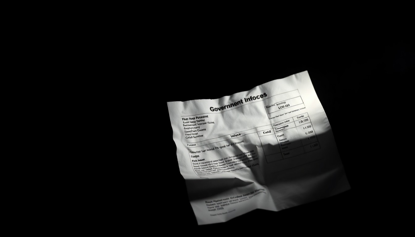 An extreme close-up of a crumpled, forged financial document reflecting a harsh, direct camera flash, conceptually representing the gritty details of a government contracting fraud investigation.