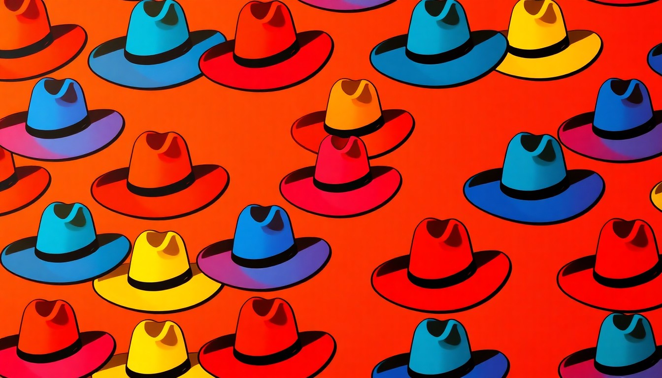 A brightly colored, high-contrast silkscreen print of a large cowboy hat repeated in a tight grid pattern, capturing the iconic western imagery and celebratory energy of the Big Hat Days festival in Clovis, California.