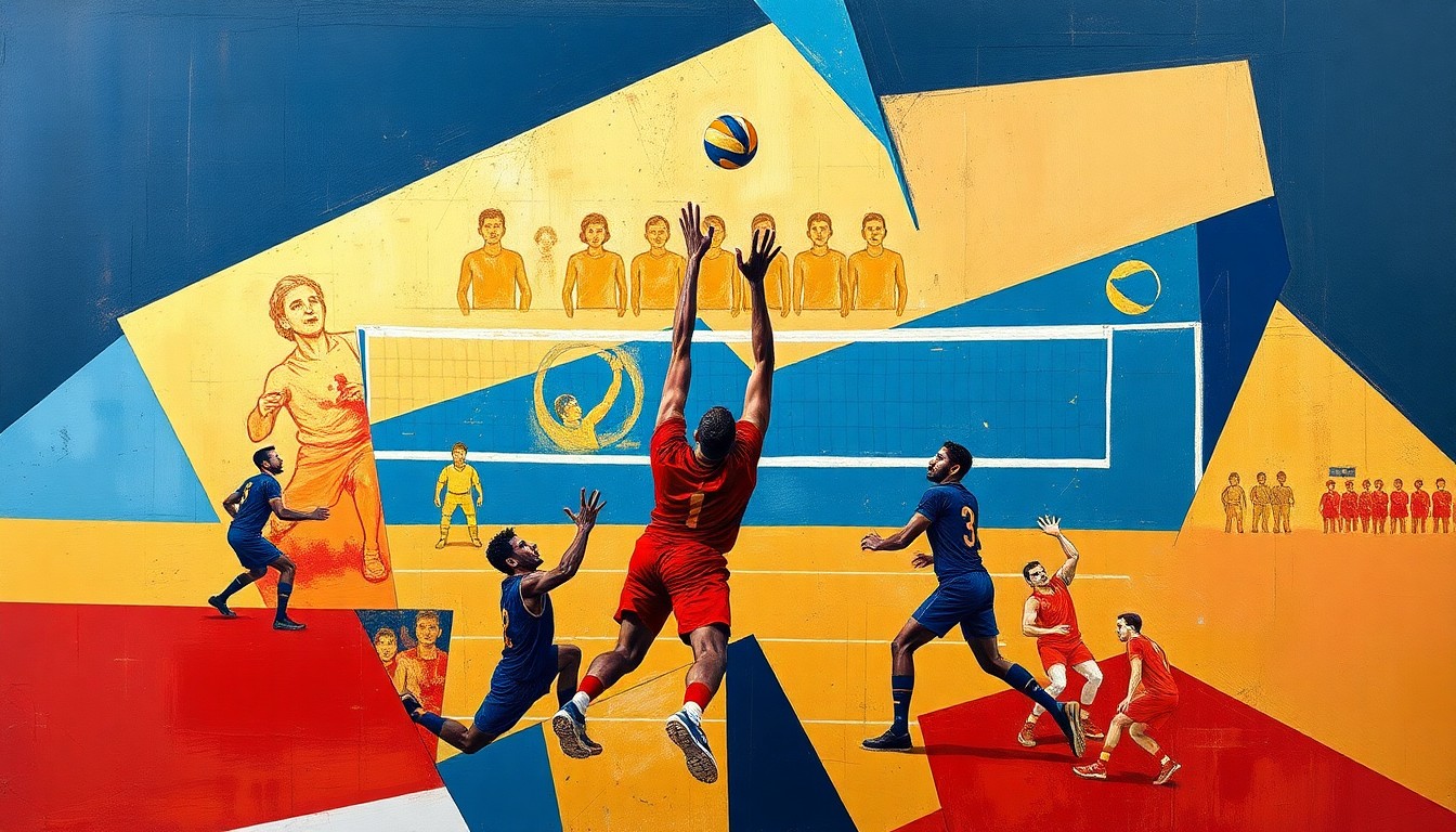 A fractured, cubist-style painting depicting the dynamic action of a men's volleyball match, with players and the ball rendered in sharp, overlapping geometric shapes in a vibrant color palette.