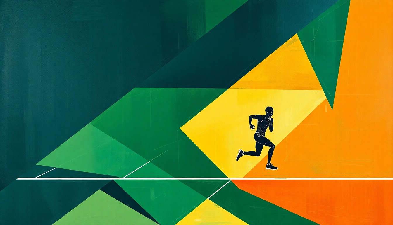 A cubist, geometric painting depicting overlapping and fragmented images of runners in motion, conveying the dynamic energy and competitive spirit of a track and field event.