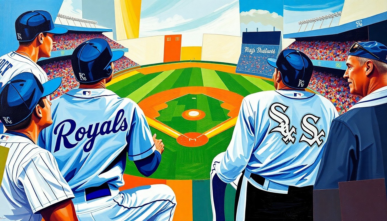 A cubist-style painting depicting a baseball game, with the players and field broken down into sharp, overlapping geometric shapes in the colors of the Royals and White Sox uniforms.