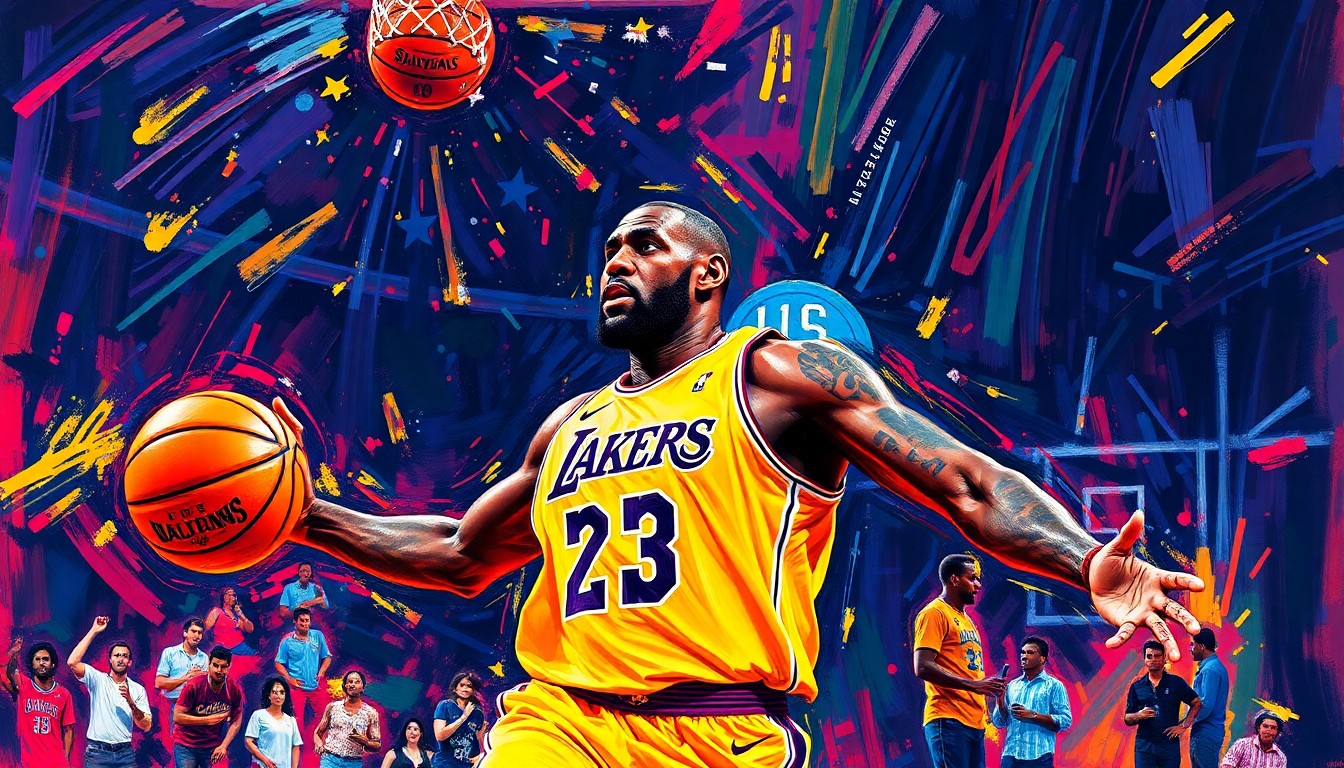 An abstract, energetic painting featuring bold, neon-colored brushstrokes that capture the dynamism and intensity of LeBron James' play as he leads the Los Angeles Lakers into the postseason.