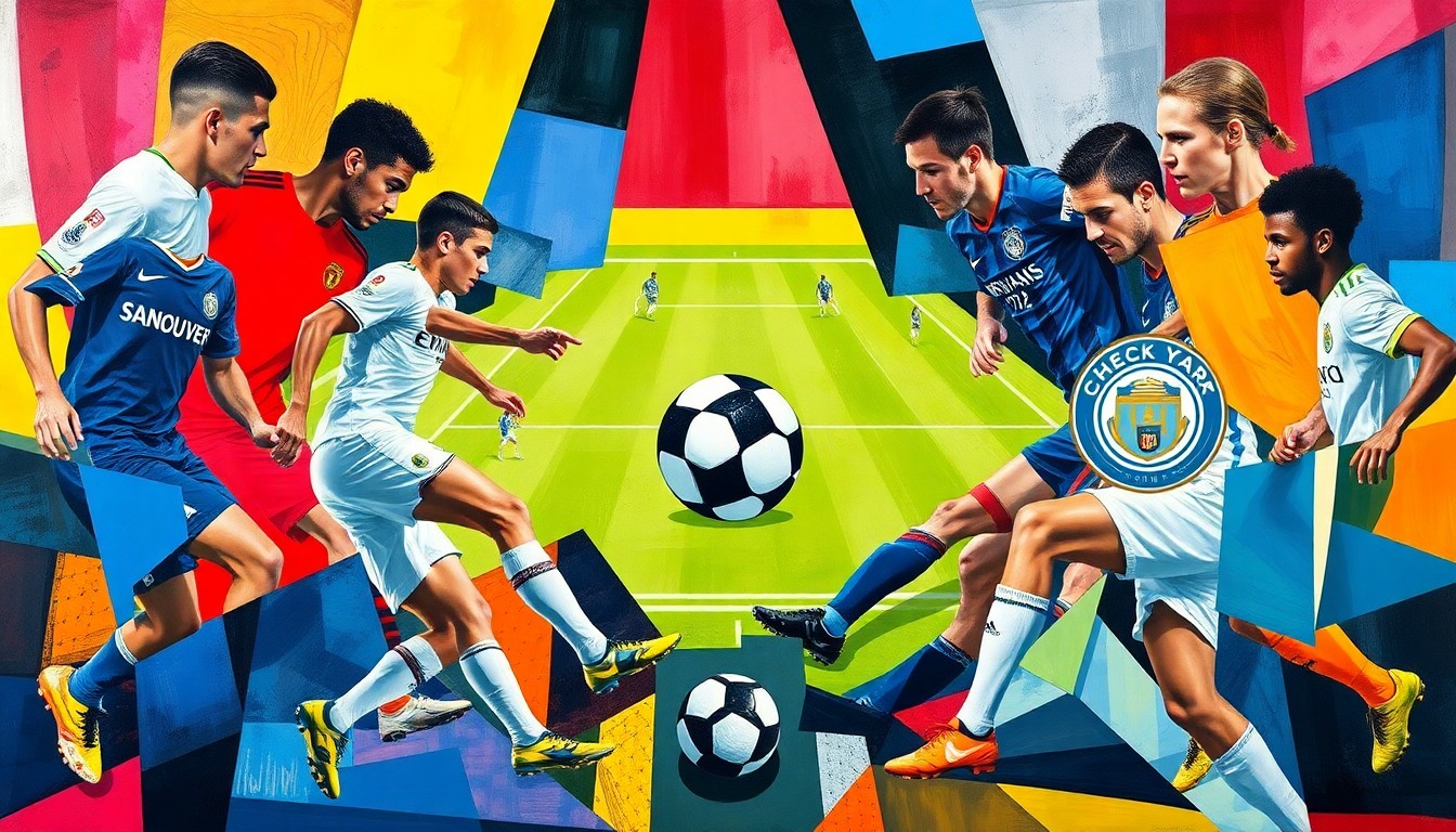A cubist, geometric painting depicting a soccer match between the Vancouver Whitecaps and New York City FC, with players' bodies and the ball broken down into abstract, overlapping shapes and planes in vibrant colors.