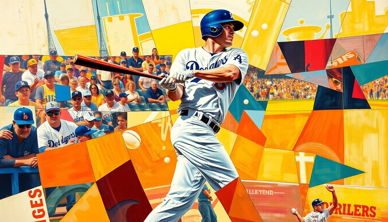 A fragmented, geometric painting depicting a baseball player in mid-swing, with the ball and field breaking apart into sharp, overlapping planes of bright blue, red, and yellow.