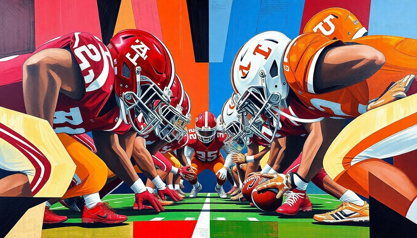 A fractured, geometric painting depicting the overlapping planes and angles of a college football defensive line, rendered in the bold team colors of Alabama Crimson and Tennessee Orange.