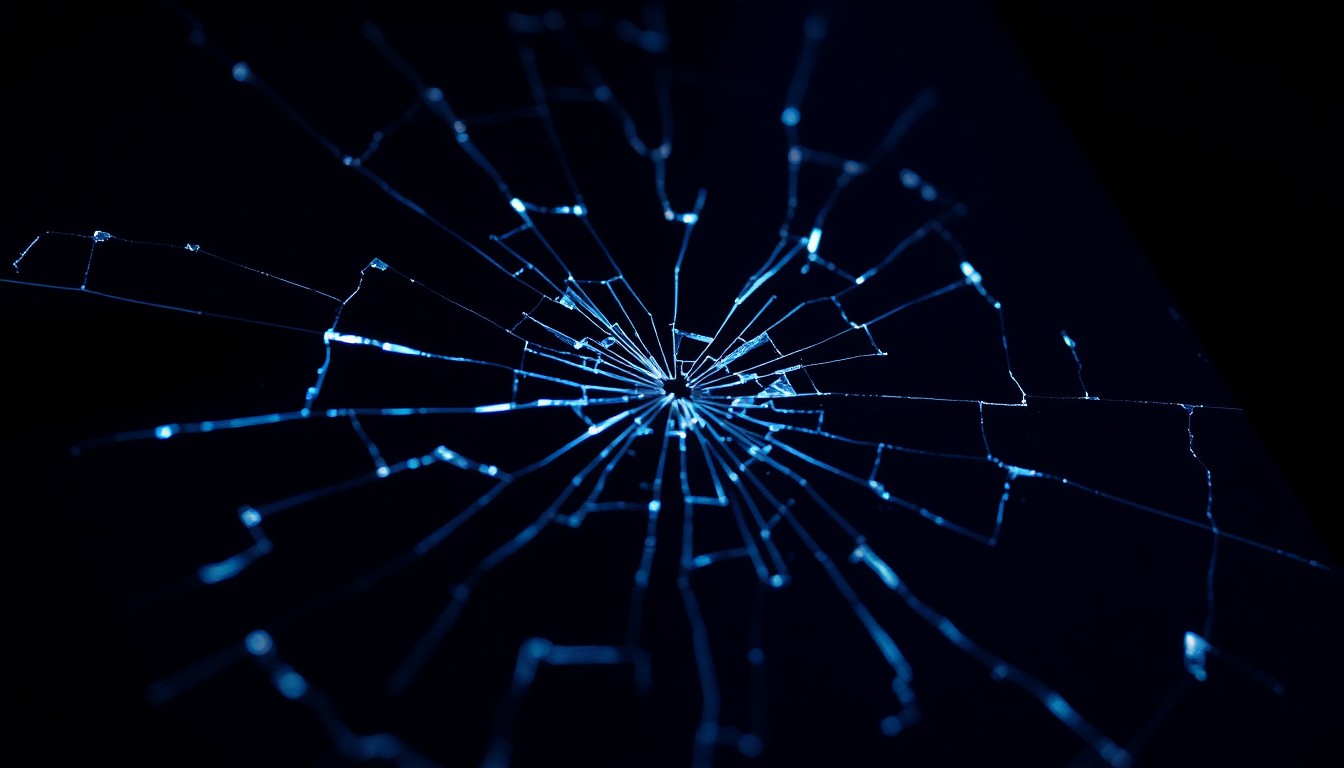 An extreme close-up of a shattered smartphone screen reflecting a faint blue light, conceptually illustrating the damage caused by unsubstantiated online accusations.