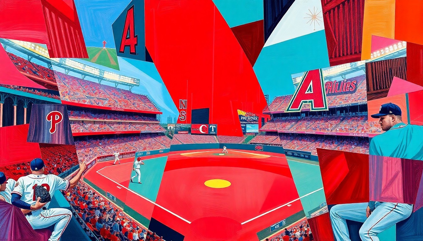 A fractured, geometric painting depicting a baseball game in motion, with sharp, overlapping planes of color representing the players and action on the field.
