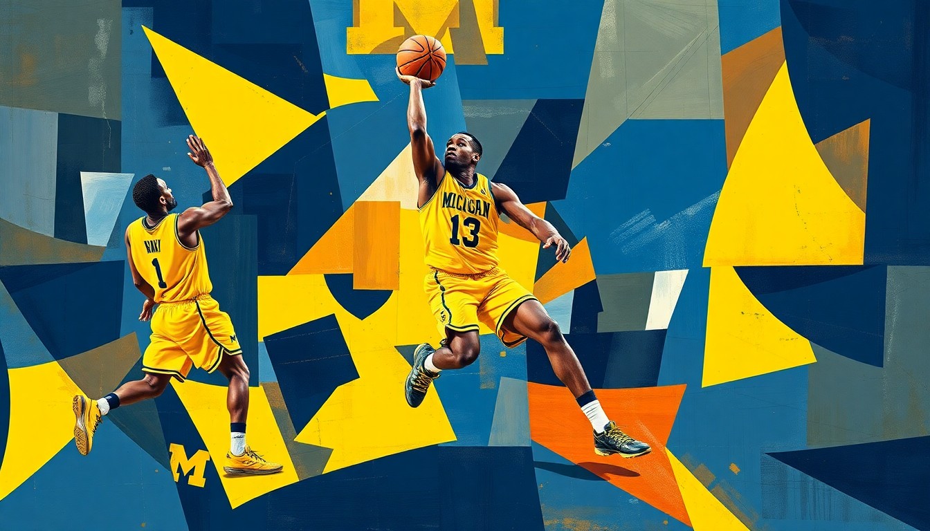 A fragmented, cubist-style painting depicting Aday Mara's basketball skills and movements, broken down into sharp, overlapping geometric shapes and planes in Michigan's signature maize and blue colors, conveying the complexity and impact of his game.