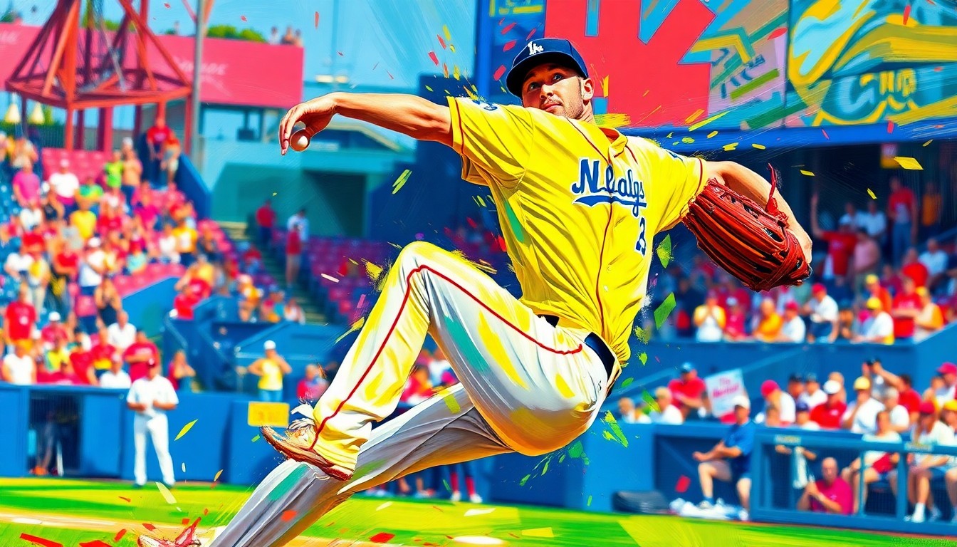 A dynamic, colorful painting depicting the explosive motion and energy of a baseball pitcher throwing a pitch, with vibrant brushstrokes and neon colors capturing the raw athleticism of the moment.