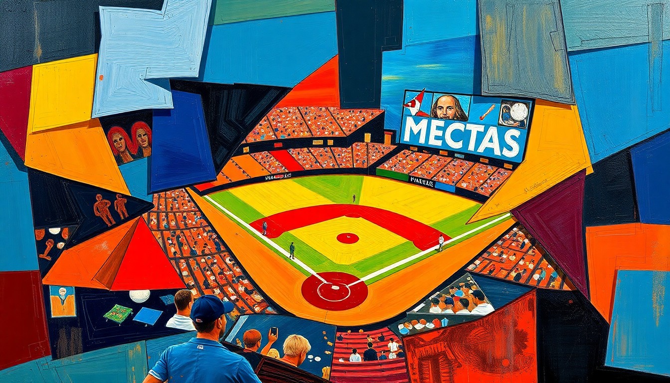 A fragmented, geometric painting depicting a baseball game, with sharp planes of navy, crimson, and gold overlapping to create a dynamic, abstract composition.