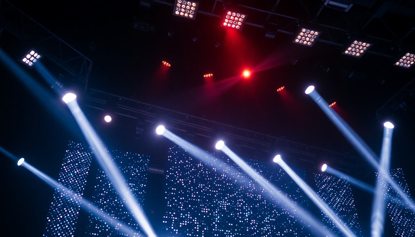 An extreme close-up photograph of shimmering, reflective stage lights and equipment, capturing the glamour and excitement of a BTS concert performance.