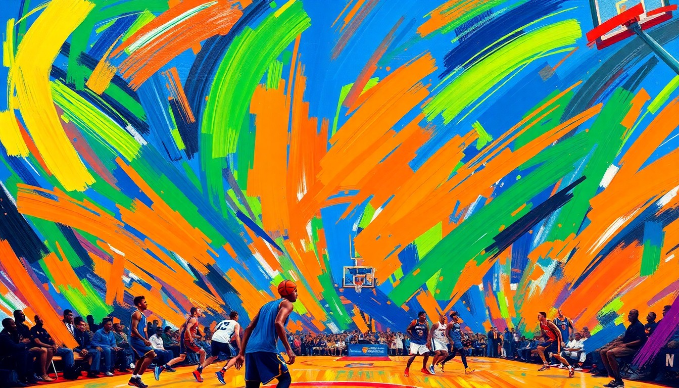 An abstract, neon-colored painting with rapid brushstrokes in electric blues, greens, and oranges, conveying the raw athleticism and intensity of a basketball game.